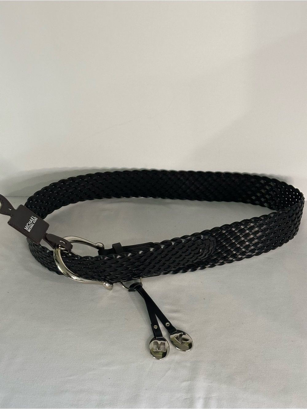 Michael Kors Equestrian Black Braided Leather Belt with Silver Accents